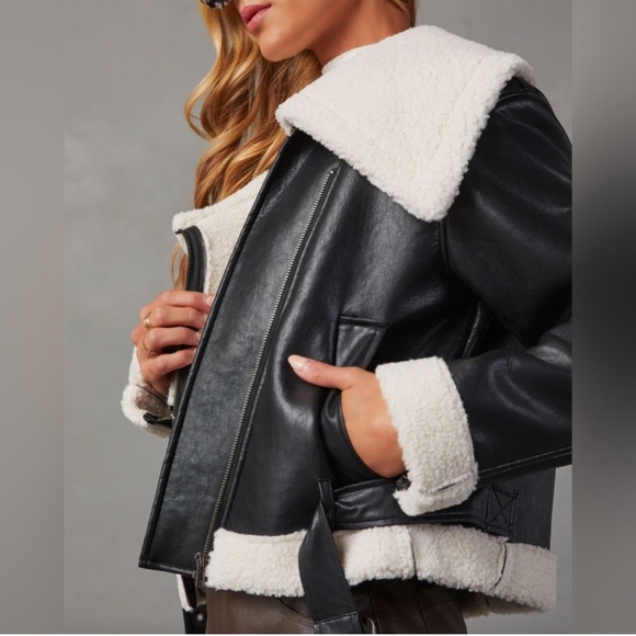 *24 HOUR SALE* No Chill Faux Leather Shearling Black Jacket - Picture 4 of 4